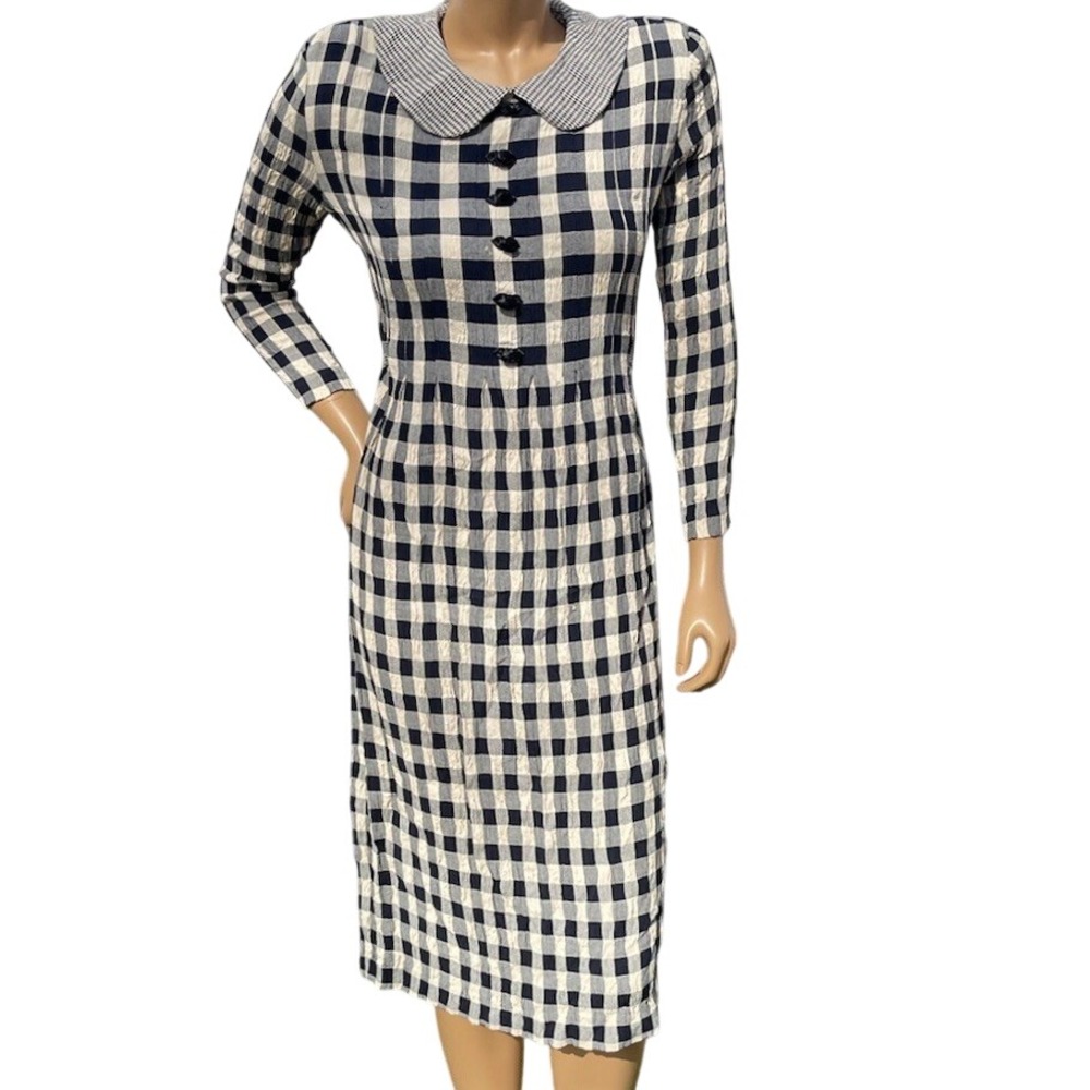 J.B.S. LTD. Black Gingham Seersucker Dress 8P Peter Pan Collar Rosette 90s